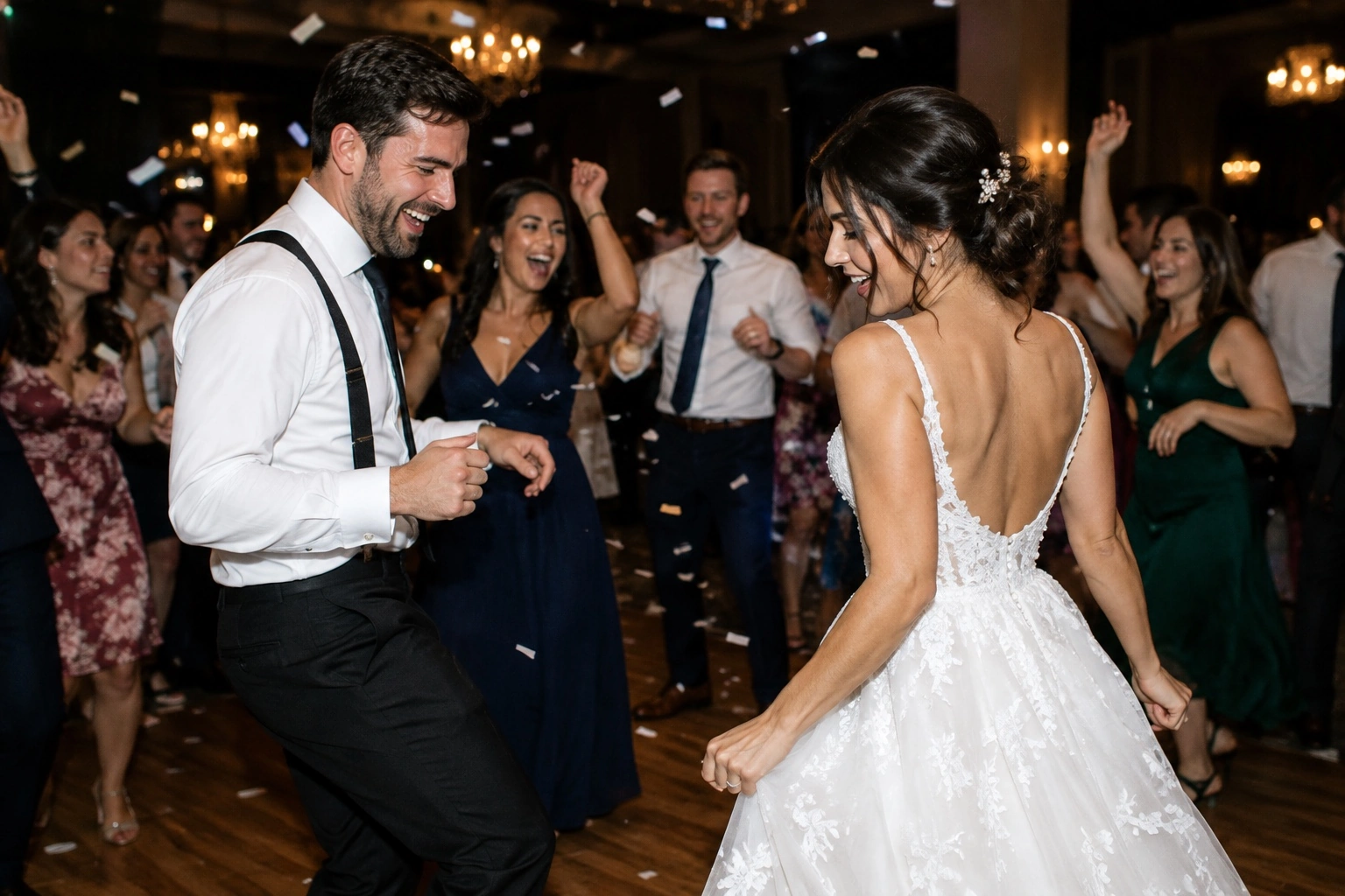 Guests dancing under warm tungsten light beams with confetti in the air