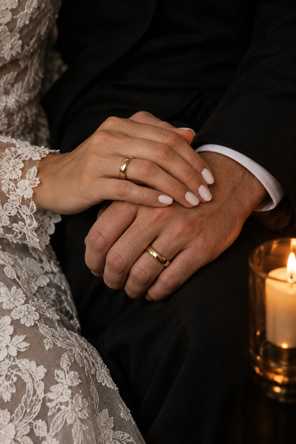 A bride's hands with gold rings resting on dark silk, lit by candlelight