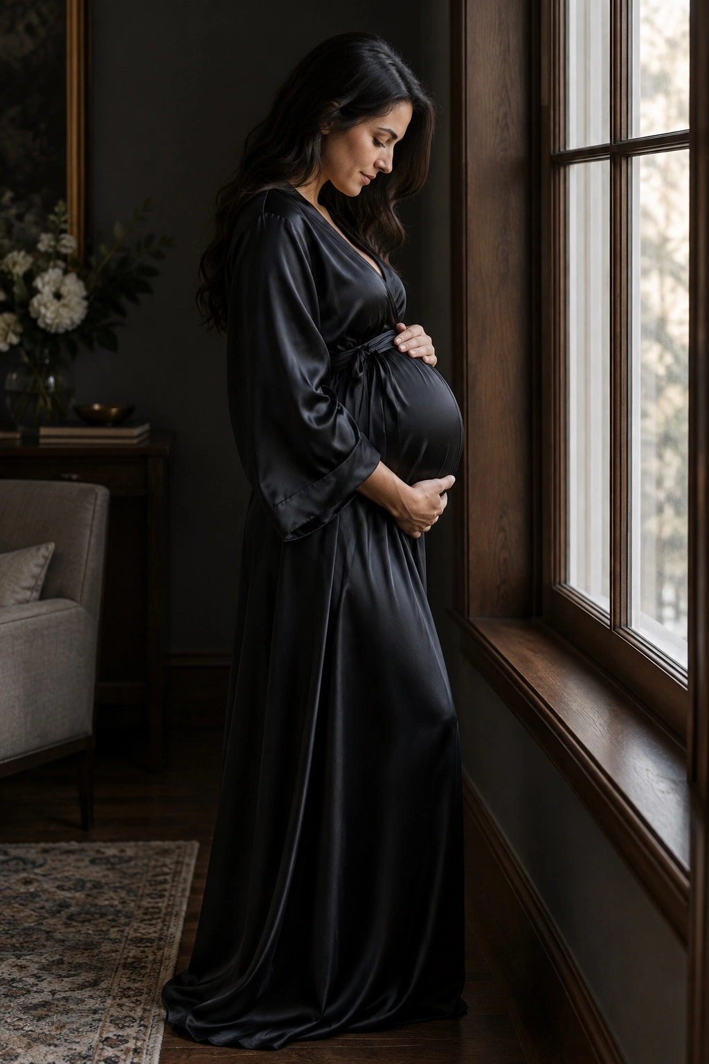 A woman in a flowing dark dress silhouetted against warm window light, cradling her belly