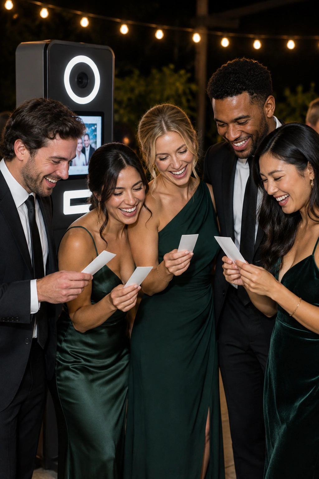 Friends laughing in an open-air photobooth while holding printed photo strips under string lights