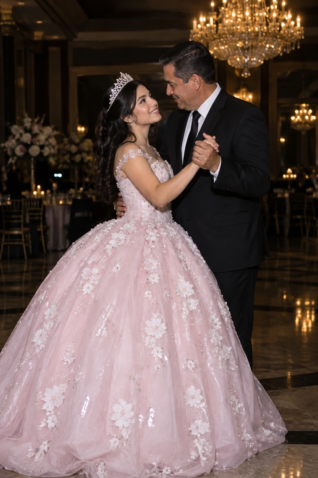 A young woman in a champagne ball gown dancing with her father under golden ballroom lights
