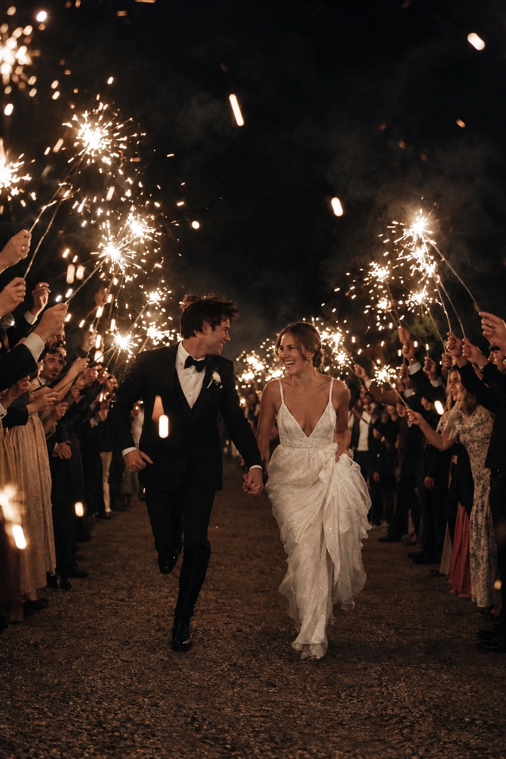 A couple running through a tunnel of glowing sparklers at night