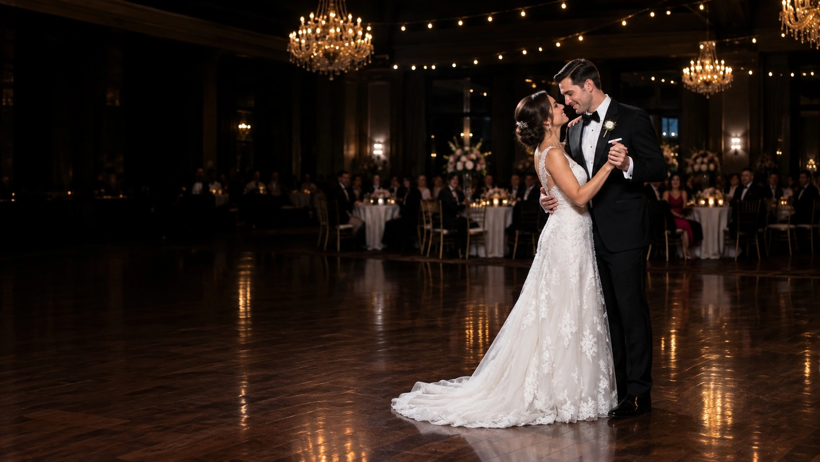 A bride and groom walking down a candlelit aisle at dusk, seen from behind