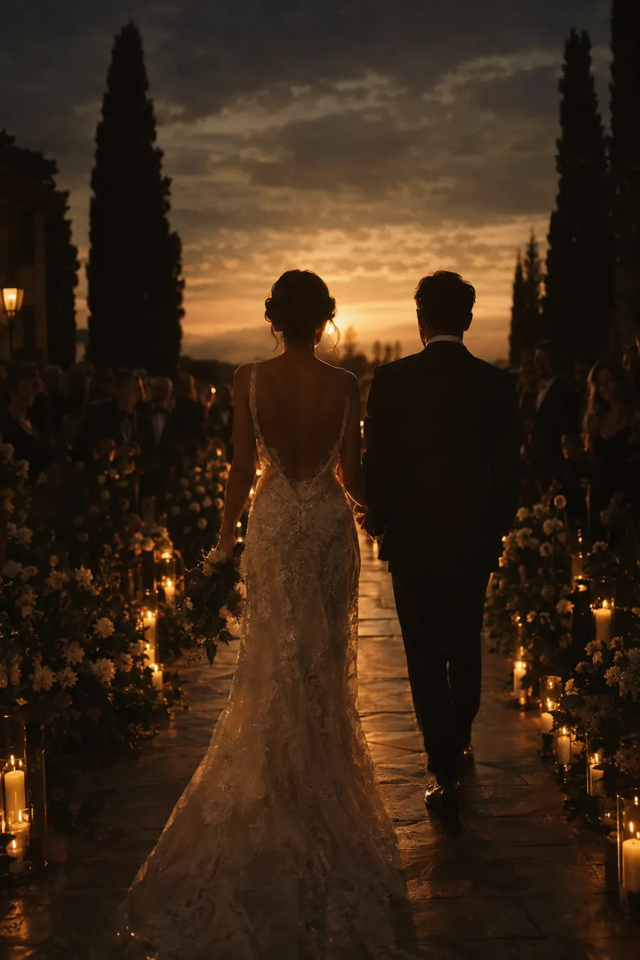 A bride and groom walking down a candlelit aisle at dusk, seen from behind